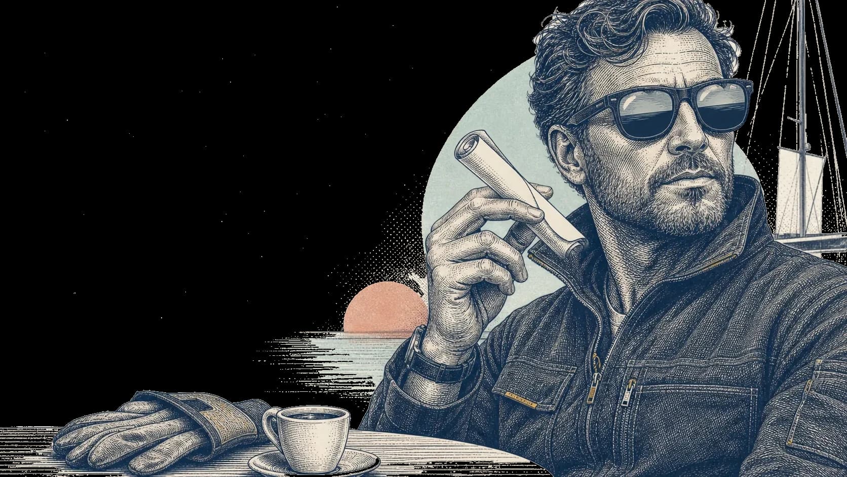 Ink drawing of a weathered yacht captain in sunglasses holding a rolled document, work gloves and an espresso beside him, masts behind.
