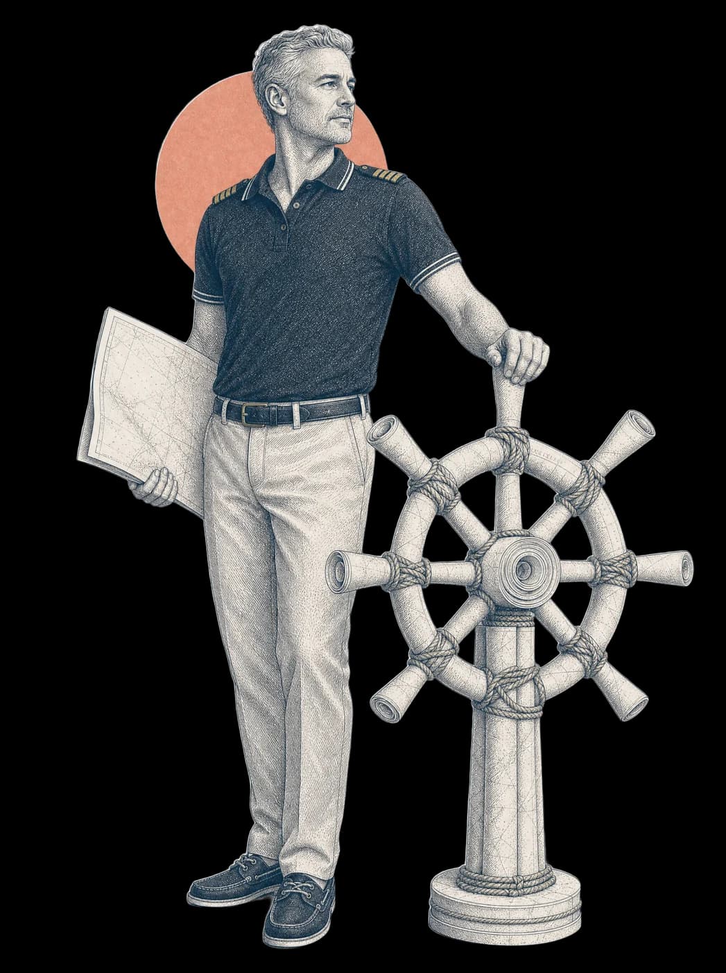 Ink drawing of a captain with a passage chart under one arm, his other hand on a ship's wheel made of rolled charts.