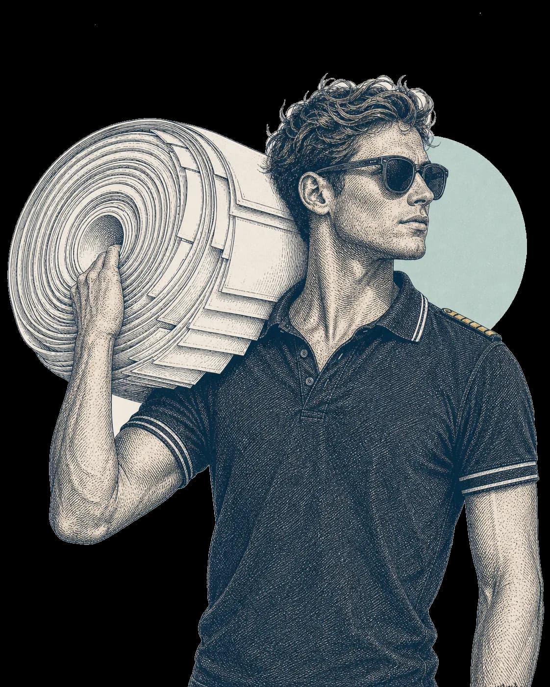 Ink drawing of a deckhand in sunglasses carrying a huge coil of rope made of rolled paper.