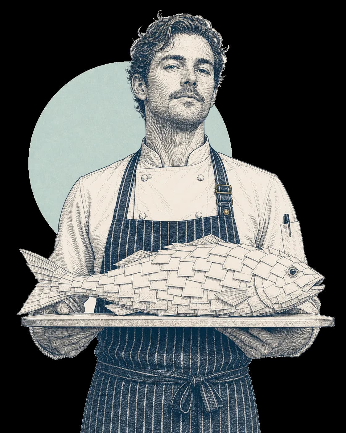 Ink drawing of a chef presenting a platter fish whose scales are folded paper.
