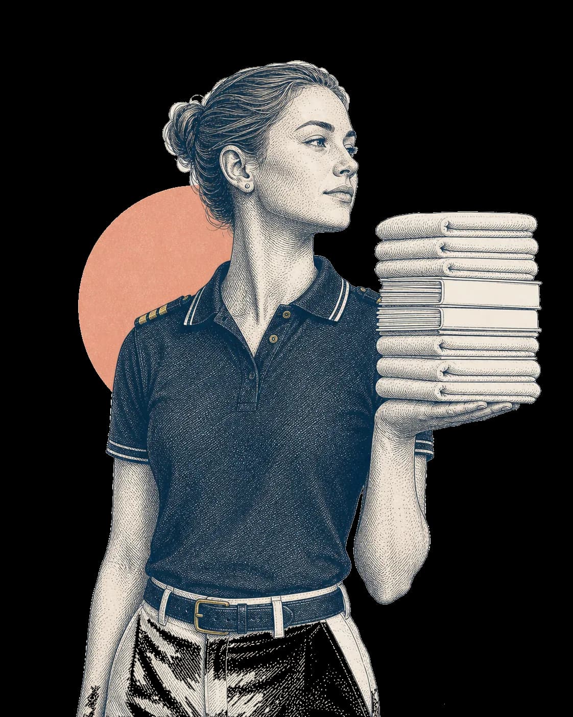 Ink drawing of a stewardess carrying a tall stack of folded linen with a document filed among it.