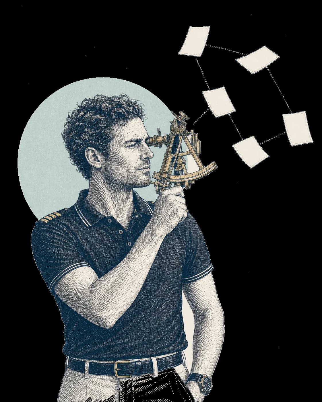 Ink drawing of an officer taking a sextant sight on a constellation of floating documents.