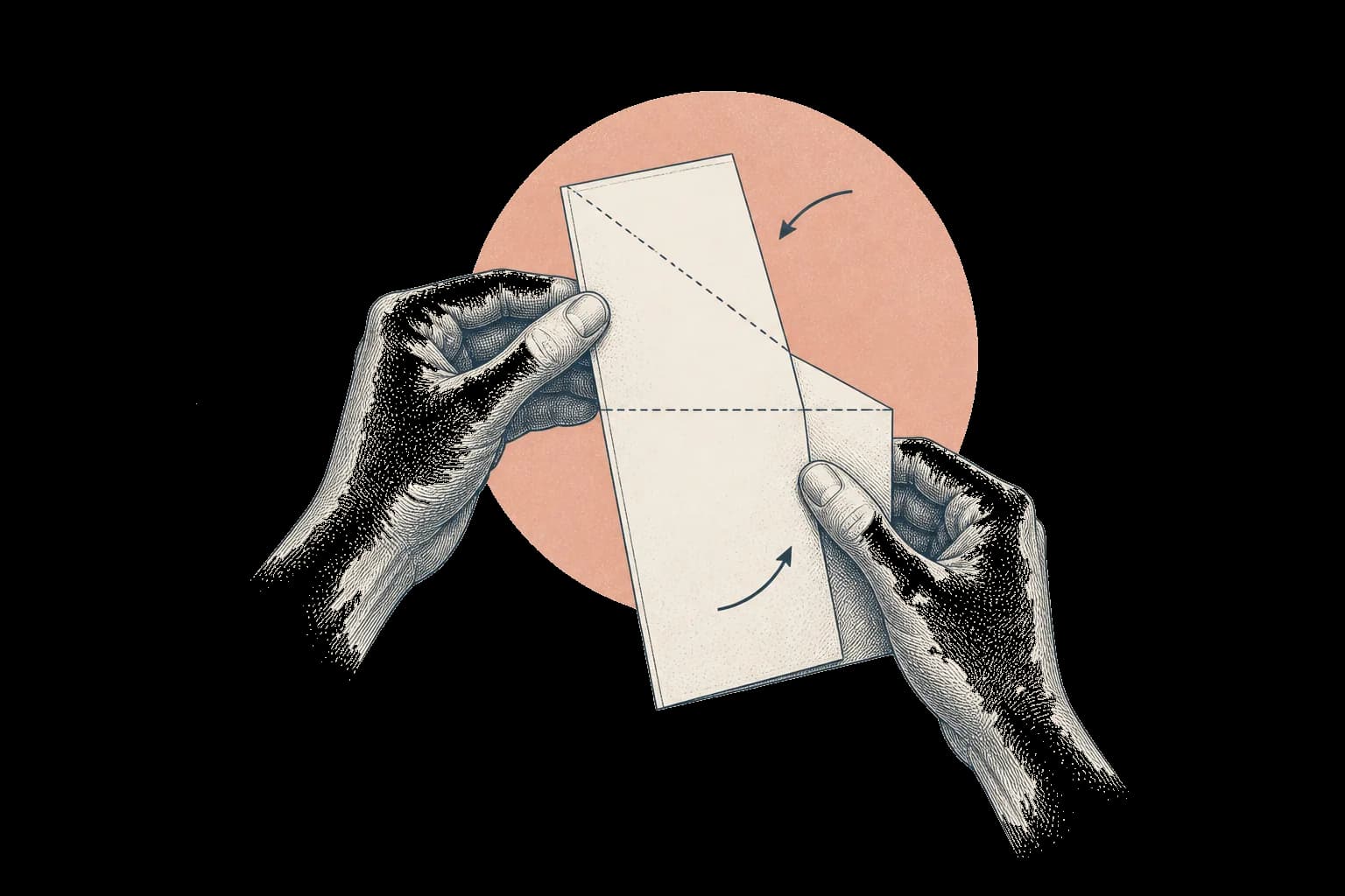 Ink drawing of two hands folding a single sheet of paper along marked fold lines.