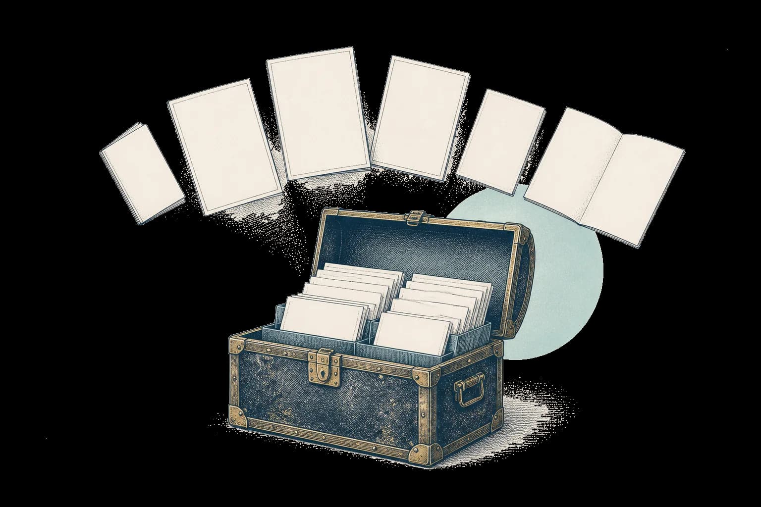 Ink drawing of an open cabin trunk packed with filed documents, more blank sheets fanning down into it.