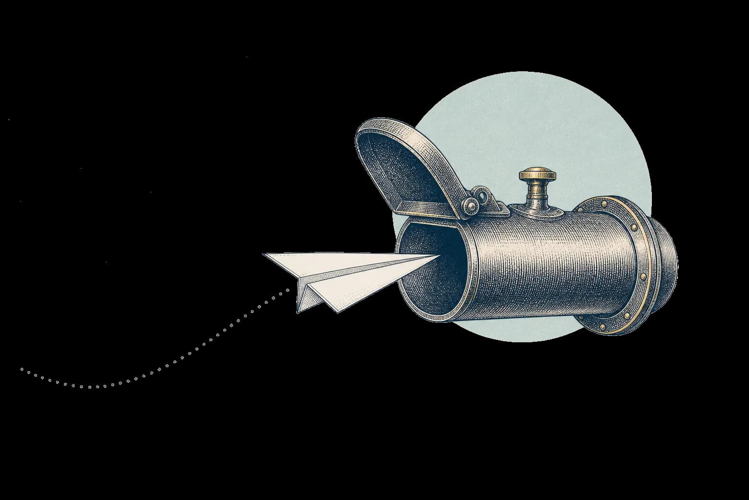 Ink drawing of an antique brass signal cannon firing a paper plane along a dotted arc.