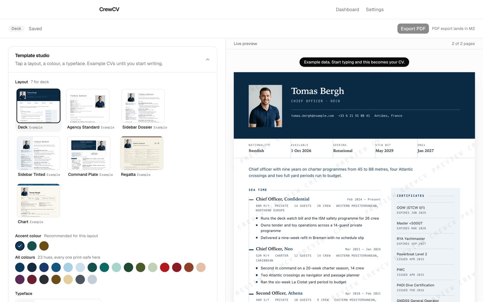 The CrewCV editor: the guided form and Template Studio on the left, a live-rendered example CV on the right.